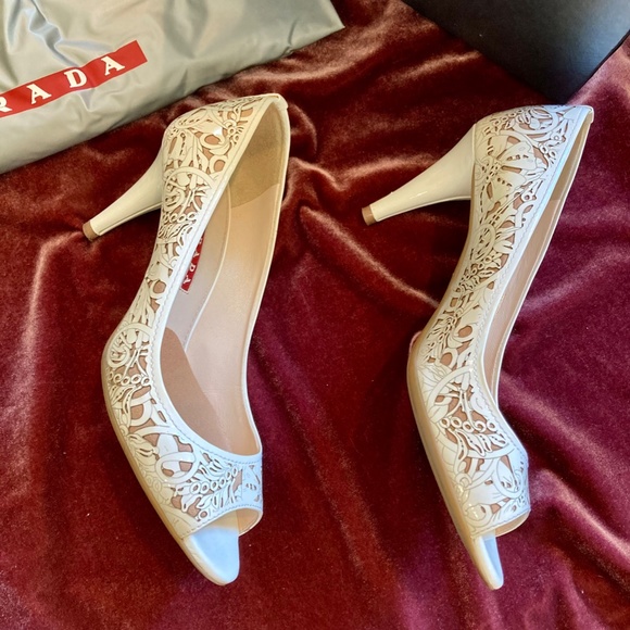 Prada Laser Cut White Kitten Heels - Picture 4 of 8
